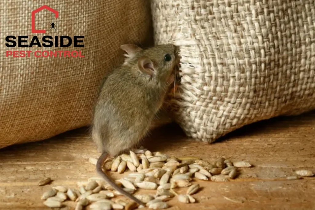 mouse gnaws the sack of grain
