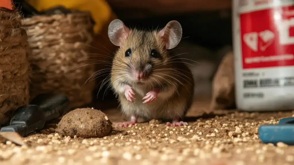close up of rat droppings in an attic space, exterminator tools and traps ready, infestation treatment, rodent control