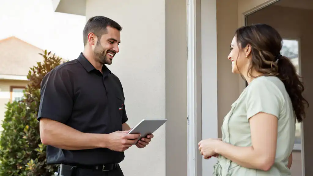 Professional Seaside Pest Control Technician Explaining Service Plan To Customer in Colverdale