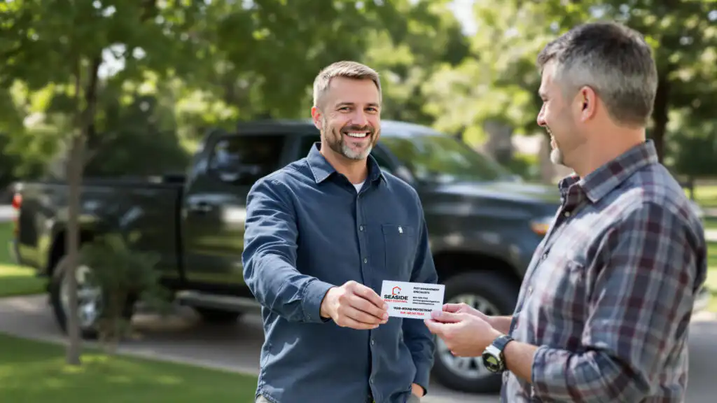 Residential Neighbor Requesting Seaside Pest Control Business Card in Langley Neighborhood