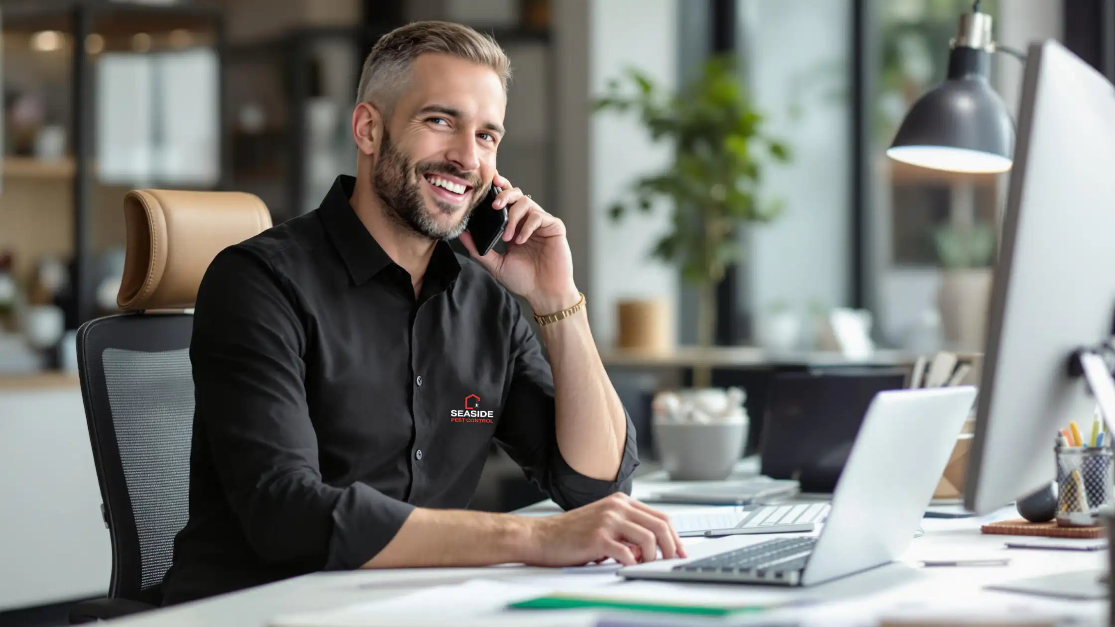 Seaside-Pest Control Customer Service Representative Assisting Client Over Phone in Surrey Office