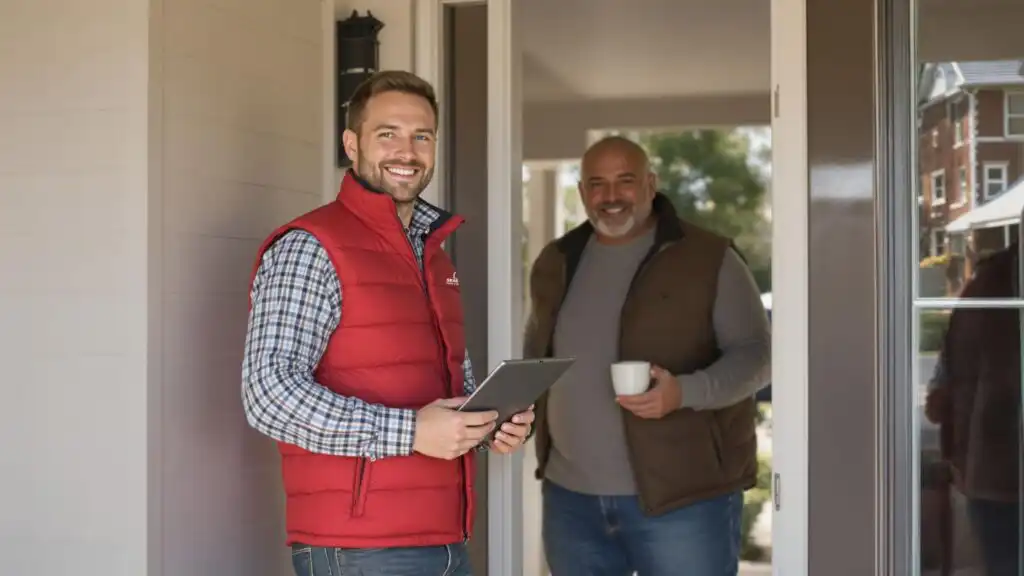 Business Owner Requesting Seaside Pest Control Contact Card Outside Office Building in Coquitlam