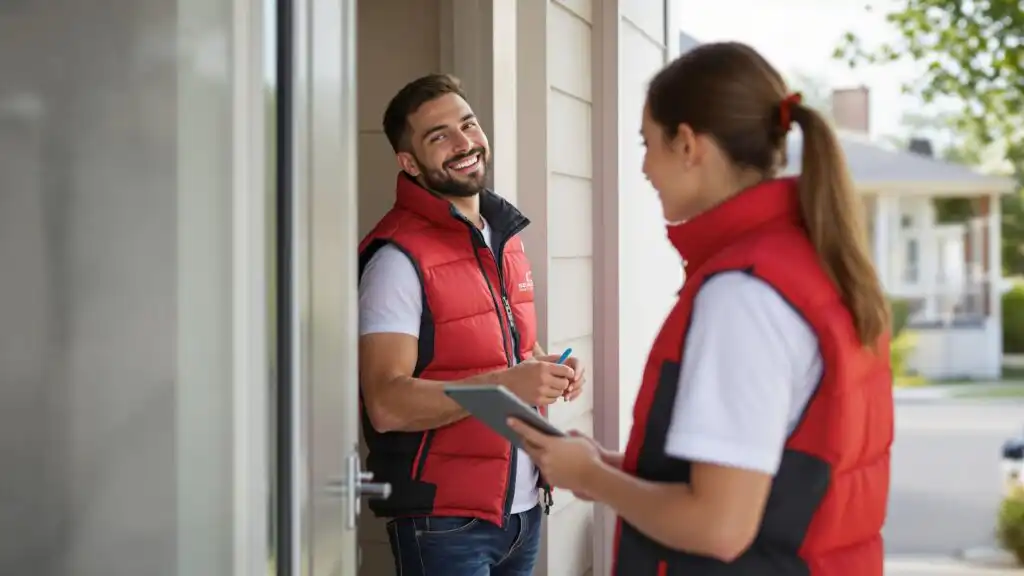 Business Owner Requesting Seaside Pest Control Contact Card Outside Office Building in Coquitlam