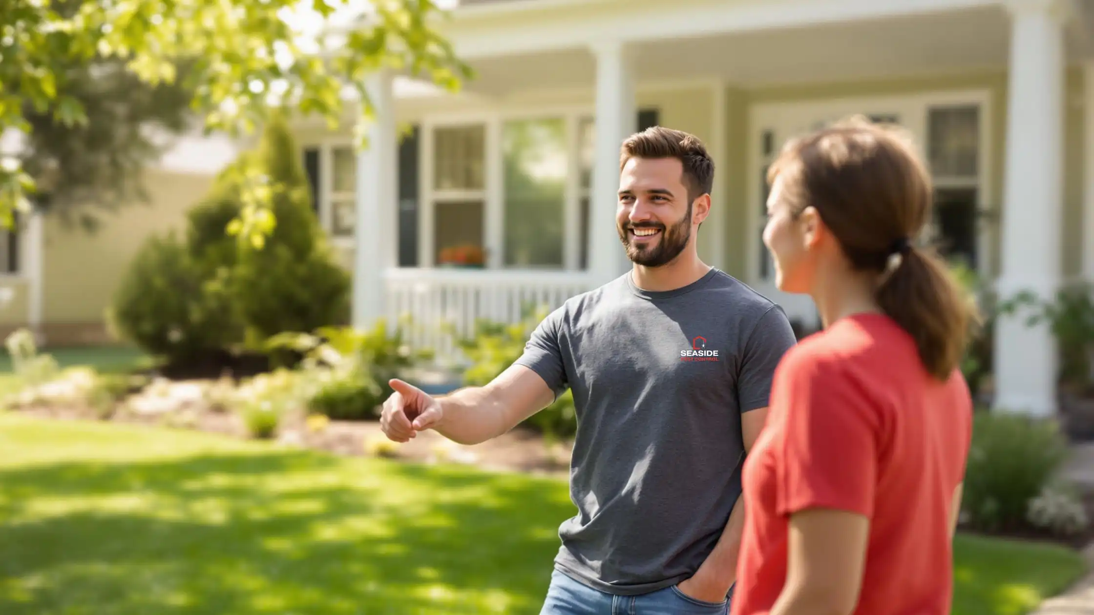 Seaside Pest Control Technician Pointing Out Wasp Nest for Residential Pest Protection