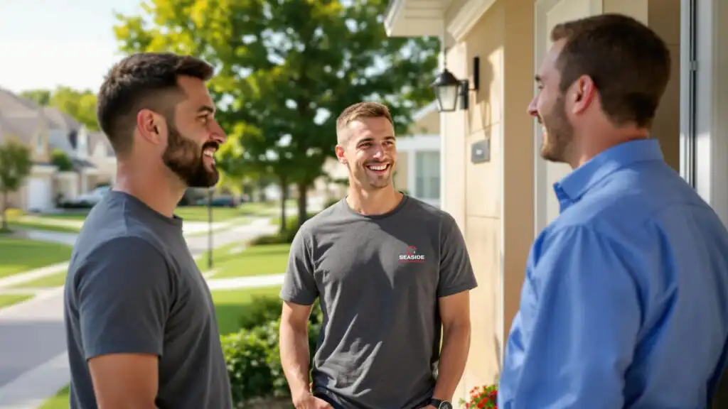 Business Owner Requesting Seaside Pest Control Contact Card Outside Office Building in Coquitlam