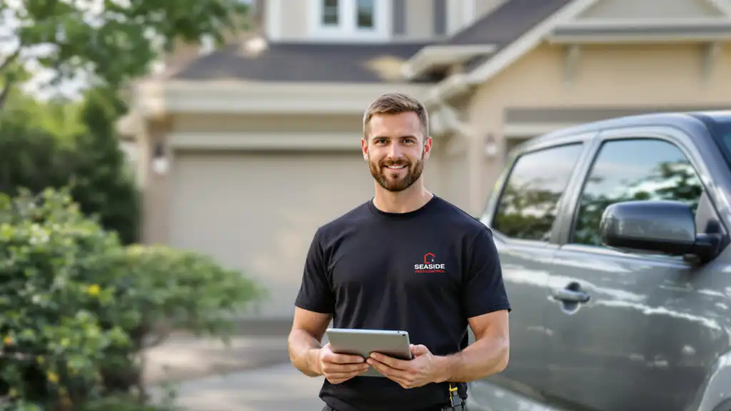 Seaside Pest Control Technician Completing a Residential Pest Control Treatment in Delta