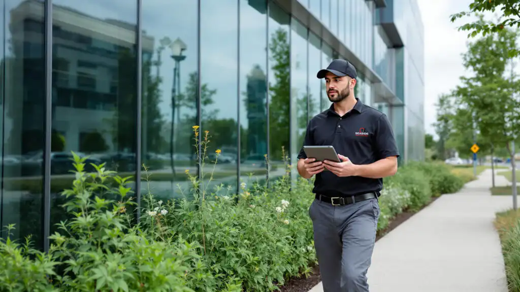 Seaside Pest Control Technician Conducting Inspection Outside Commercial Office Building in Vancouver