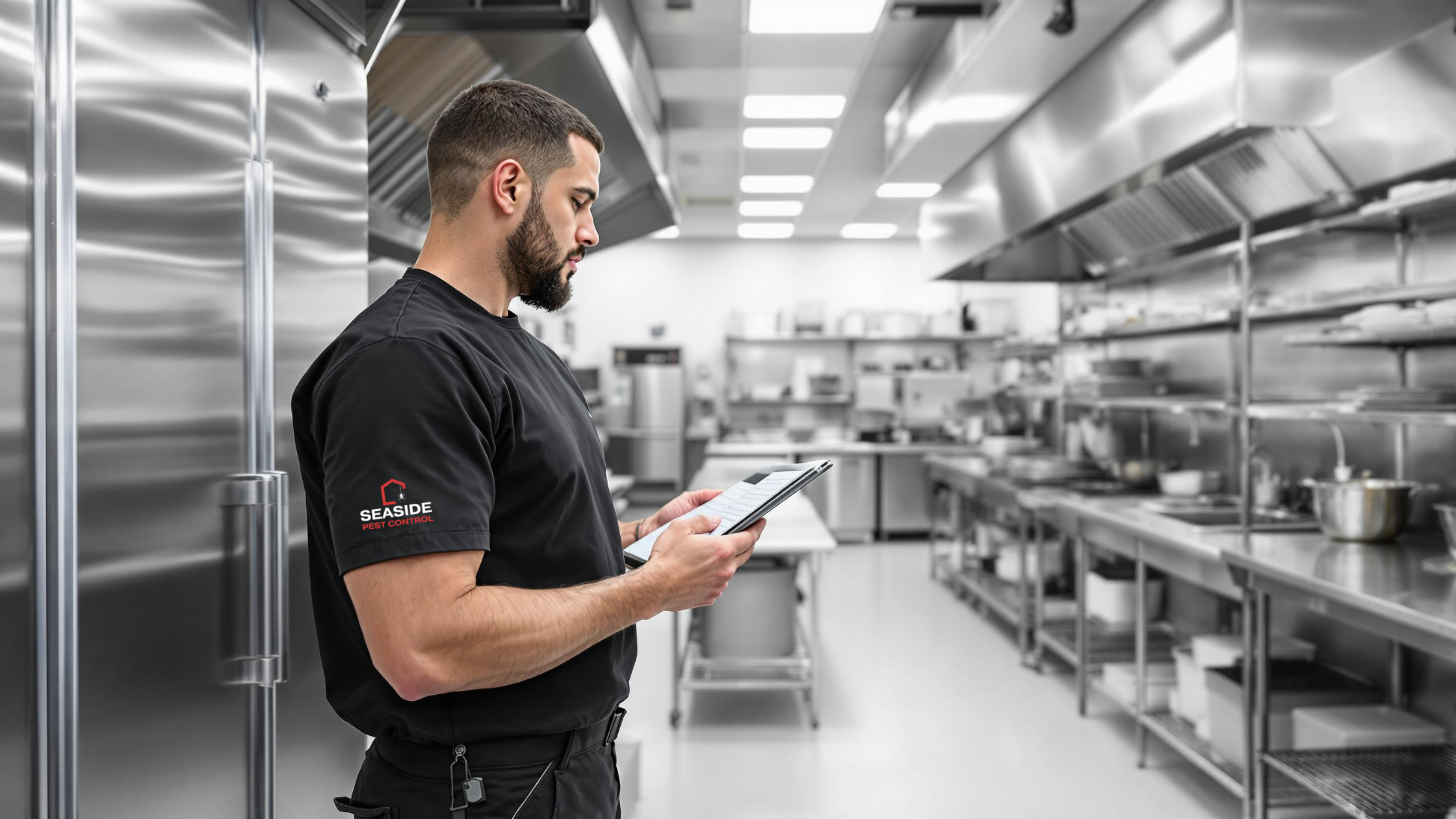 Seaside Pest Control Technician Inspecting Commercial Restaurant Kitchen in Richmond