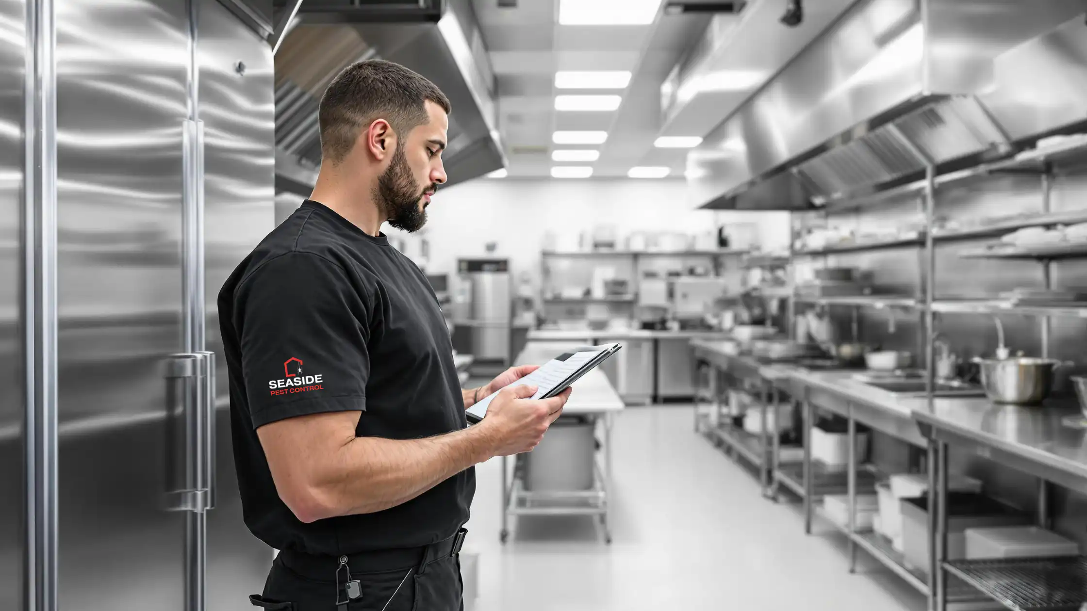 Seaside Pest Control Technician Inspecting Commercial Restaurant Kitchen in Richmond