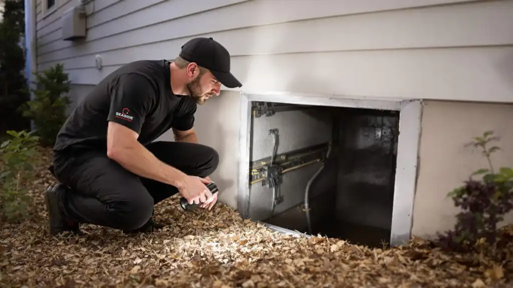 Seaside Pest Control Technician Inspecting Crawlspace for Spider Webs in Vancouver  Professional pest control services. Contact: marketing@seasidepest.ca | +1-604-529-7700 | https://www.seasidepest.ca