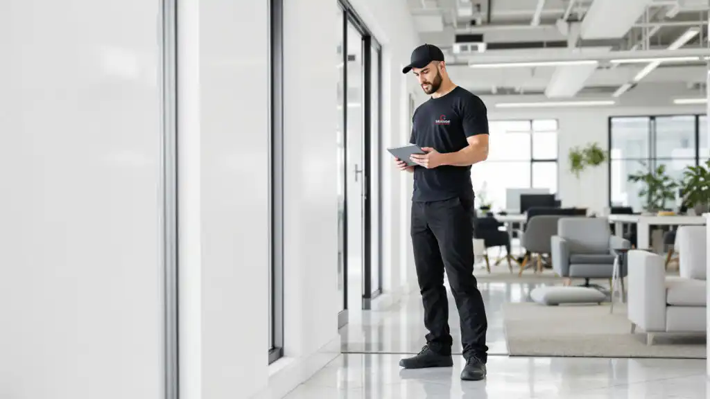 Seaside Pest Control Technician Conducting Year-Round Commercial Pest Control Inspection in Office Building Interior For Rodent Activity