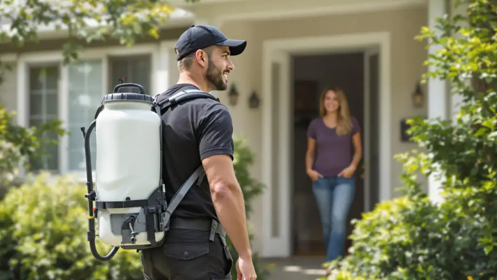Seaside Pest Control Technician Using Safe Products Around Front Yard in Chilliwack