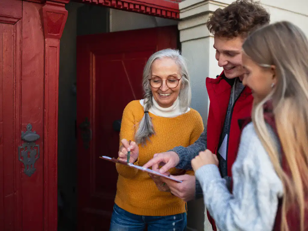 seaside inspectors showing a woman while smiling