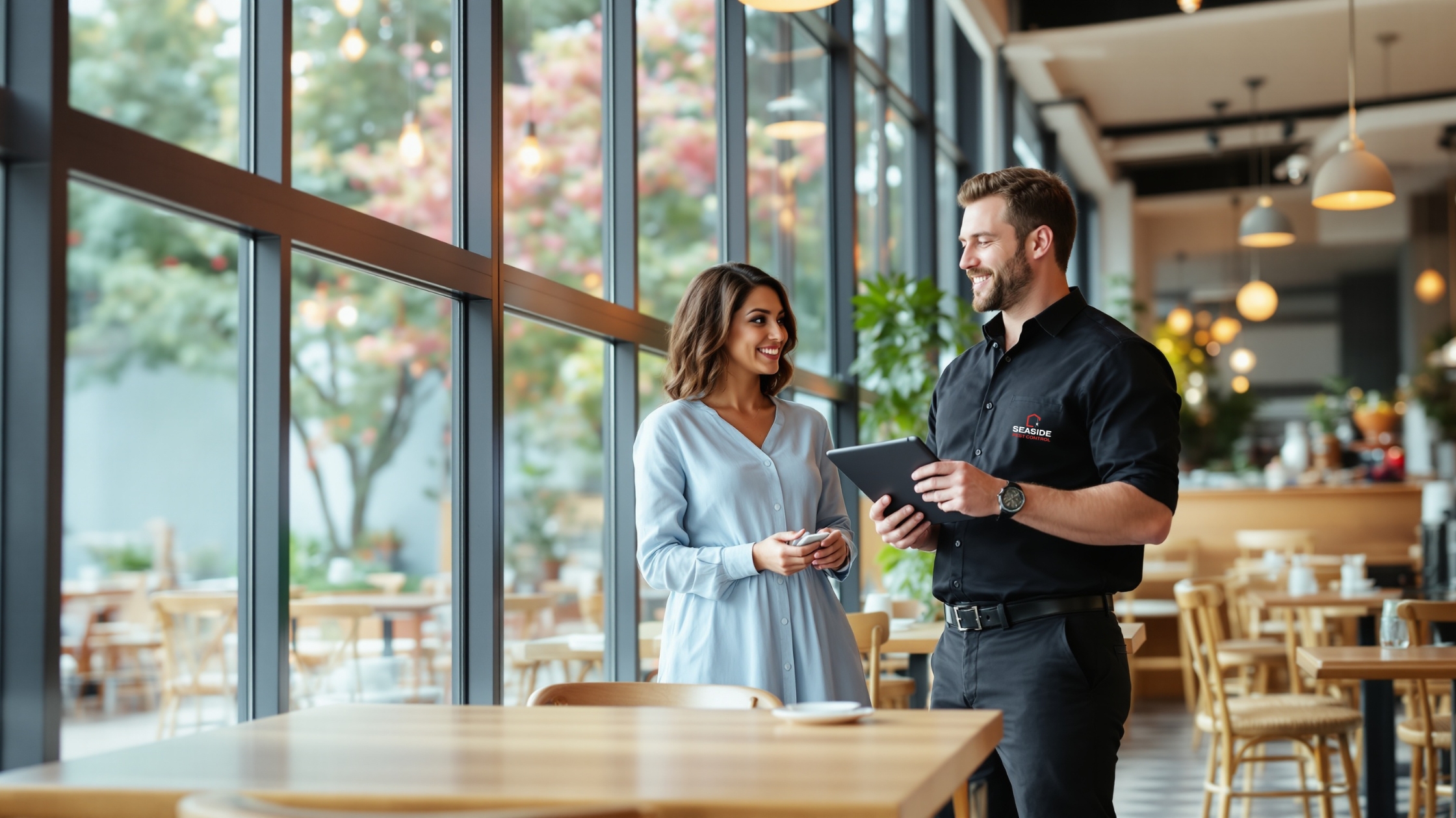 Seaside Pest Control Technician Providing a Restaurant with Routine Reports from their Year-Round Commercial Pest Control Treatments