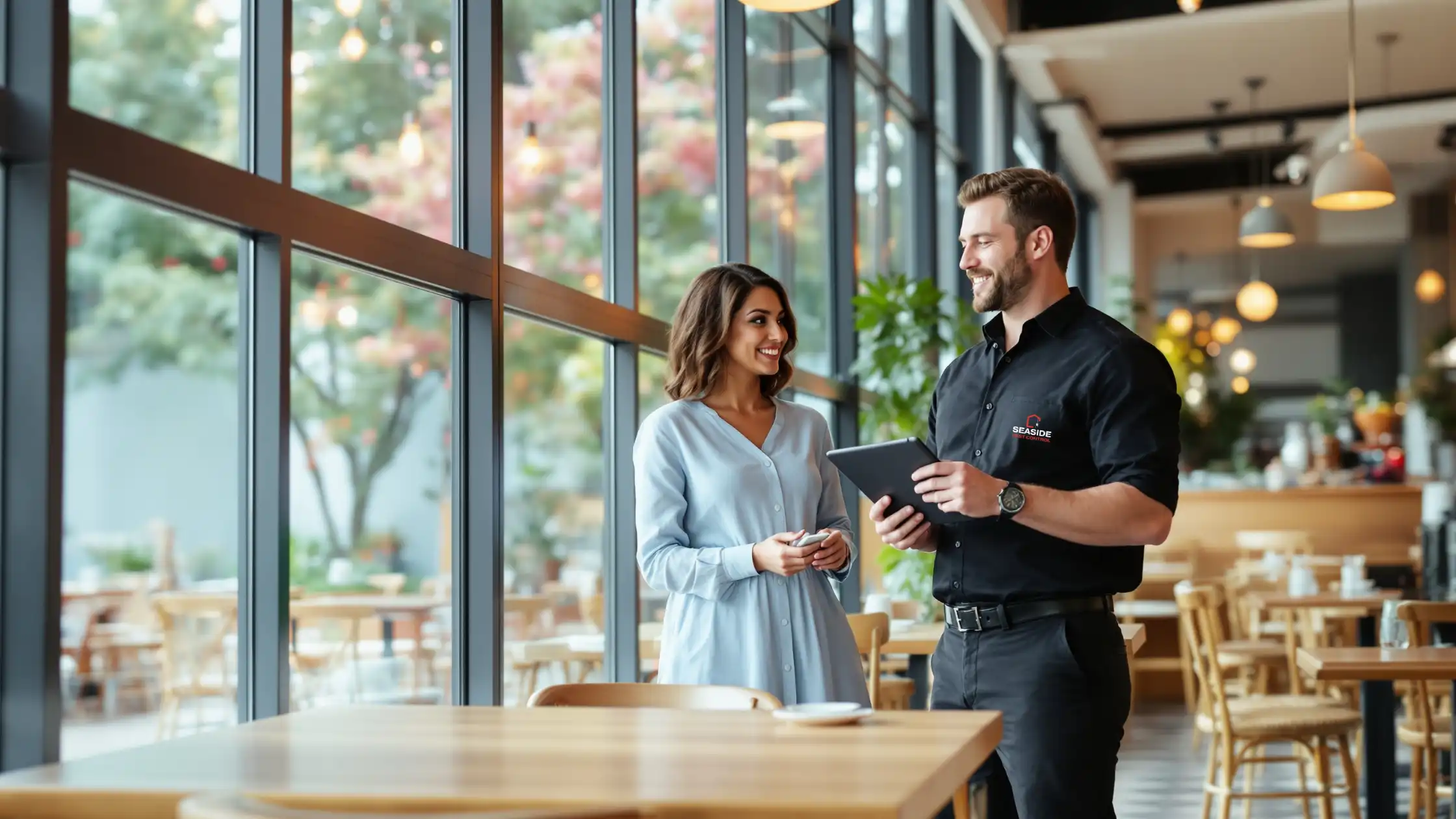 Seaside Pest Control Technician Providing a Restaurant with Routine Reports from their Year-Round Commercial Pest Control Treatments